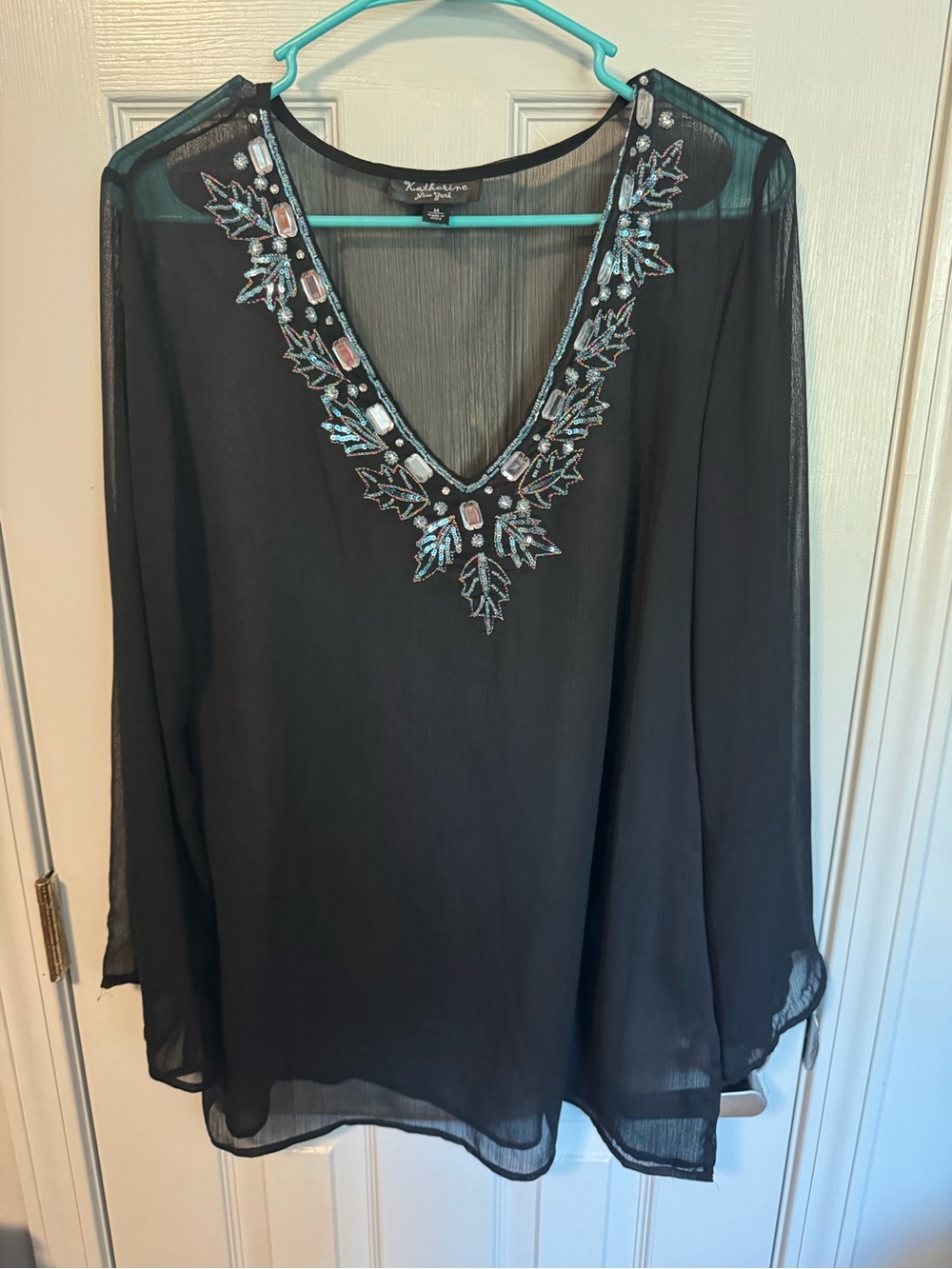 Katherine Barclay Black Beaded V-Neck Sheer Camisole